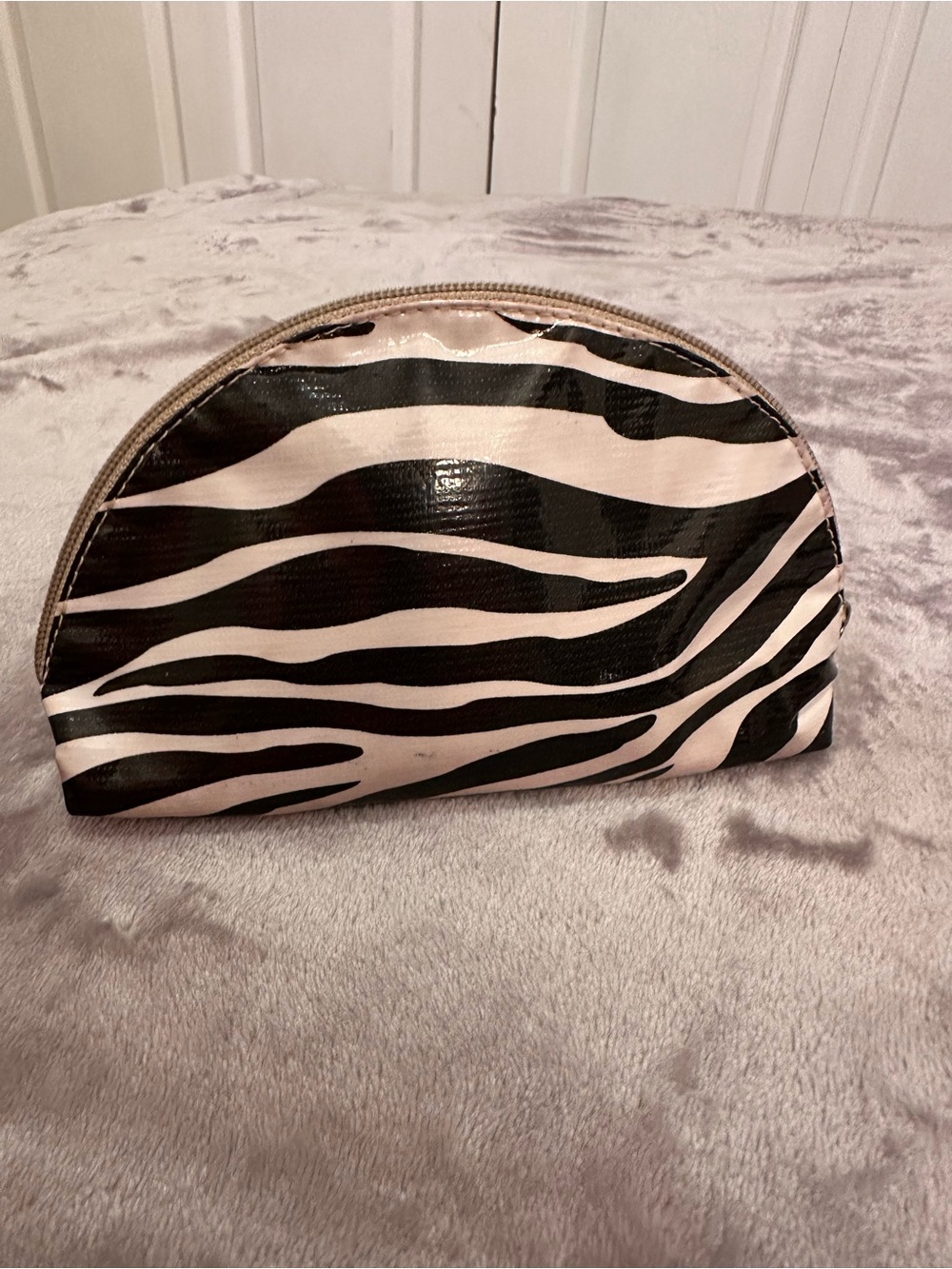 Consuela Zebra Print Half-Moon Zip Cosmetic Pouch - Black and White Used
